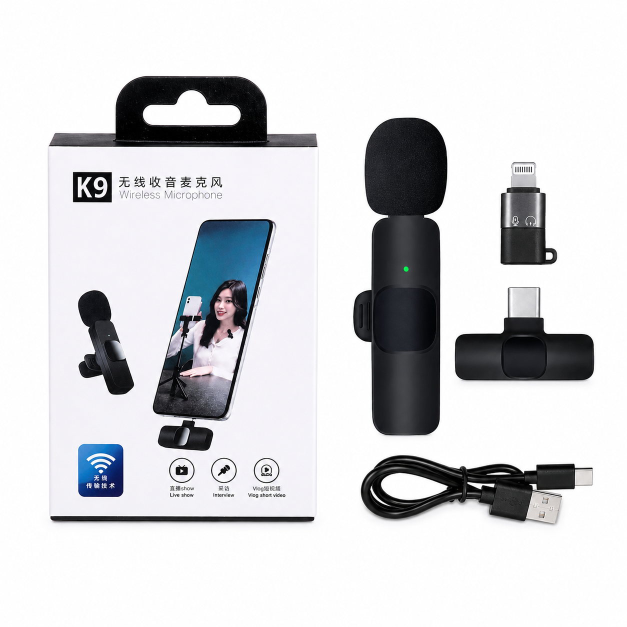 میکروفن یقه‌ای بی‌سیم K9 | گیرنده Type-C به همراه تبدیل Lightning